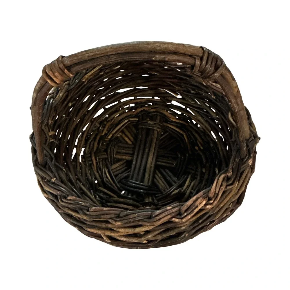 Vintage Rustic Twig Basket Dark Woven Wood Primitive Farmhouse Decor 9x8x7.5in